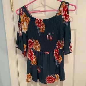 Green and flowery cold shoulder shirt